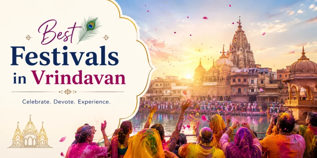 Best Festivals in Vrindavan travel guide banner featuring a vibrant temple scene, colorful festival celebrations, devotees, and the spiritual atmosphere of Vrindavan.