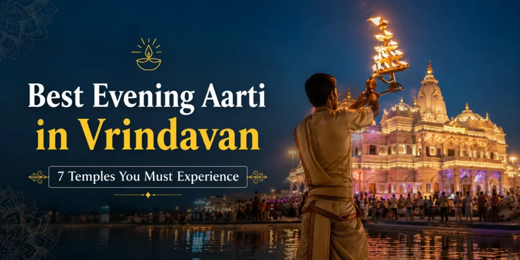 Priest performing evening Aarti at a famous temple in Vrindavan during sunset with devotees gathered for darshan