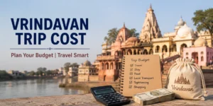 Vrindavan trip cost guide featuring temple architecture, travel budget planner, calculator, and expense checklist for pilgrims and tourists visiting Vrindavan.
