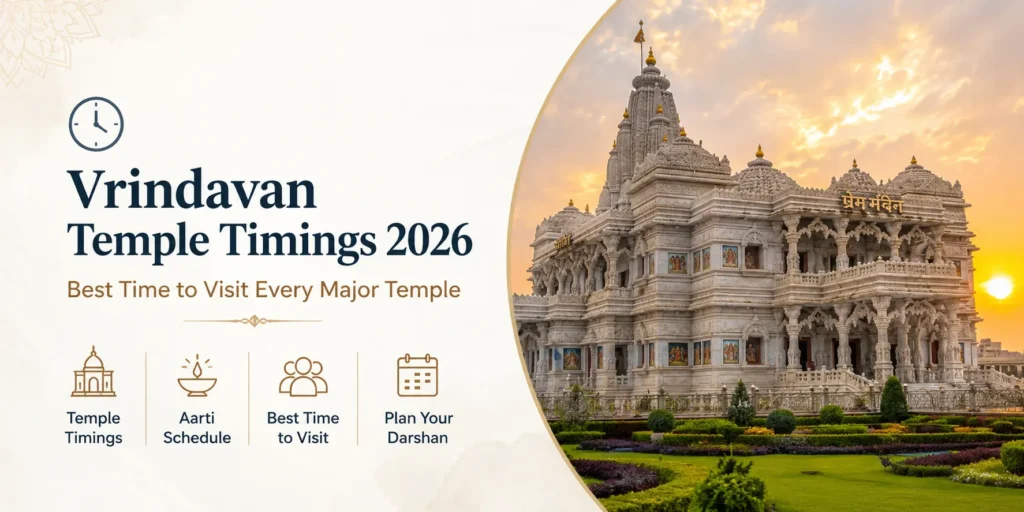 Prem Mandir in Vrindavan with Vrindavan Temple Timings 2026 guide showcasing the best time to visit major temples for darshan and aarti.