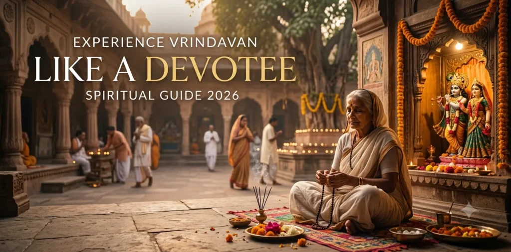 Devotee praying inside a temple in Vrindavan during a spiritual pilgrimage experience