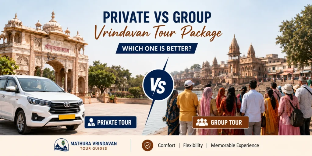 Private vs Group Vrindavan Tour Package comparison with temple and tourist vehicle