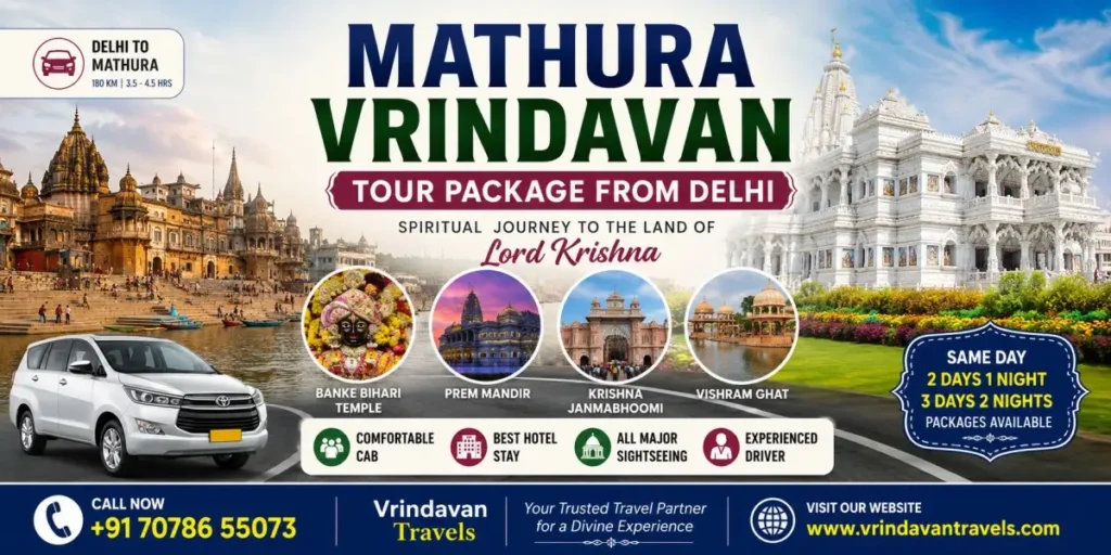 Mathura Vrindavan Tour Package from Delhi banner featuring Shri Krishna Janmabhoomi, Banke Bihari Temple, Prem Mandir, Vishram Ghat, private cab, and Vrindavan Travels tour packages.