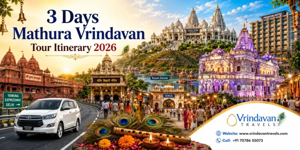 3 Days Mathura Vrindavan Tour Itinerary 2026 banner featuring Shri Krishna Janmabhoomi, Banke Bihari Temple, Prem Mandir, ISKCON Vrindavan, Govardhan Hill, Kusum Sarovar, Gokul, and Toyota Innova Crysta by Vrindavan Travels
