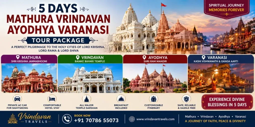 5 Days Mathura Vrindavan Ayodhya Varanasi Tour Package featuring Mathura temples, Banke Bihari Temple, Ram Mandir, Kashi Vishwanath Temple and Ganga Aarti by Vrindavan Travels.