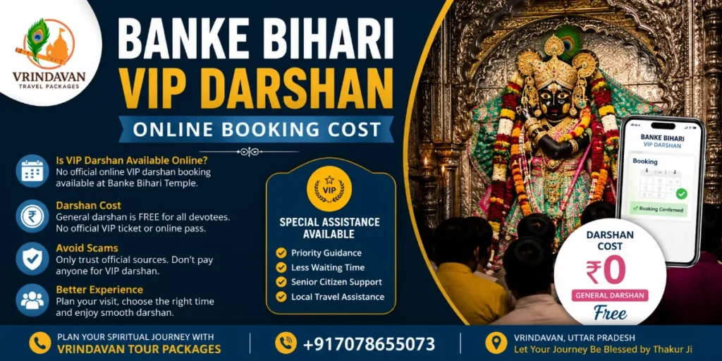 Banke Bihari VIP darshan online booking cost guide showing free general darshan, official booking information, temple visit tips, and Vrindavan Tour Packages assistance in Vrindavan.