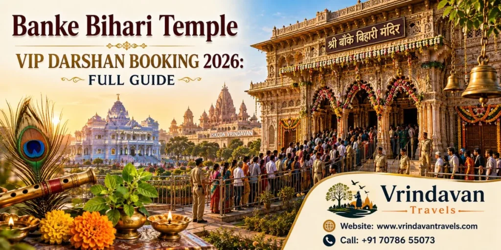 Banke Bihari Temple VIP Darshan Booking 2026 guide banner featuring Banke Bihari Temple, Prem Mandir, ISKCON Vrindavan, devotees in darshan queue, and Vrindavan Travels branding