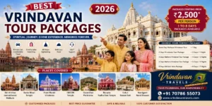 Best Vrindavan Tour Packages 2026 featuring Banke Bihari Temple, Prem Mandir, ISKCON Vrindavan, Shri Krishna Janmabhoomi Temple, private AC car, and family pilgrimage by Vrindavan Travels
