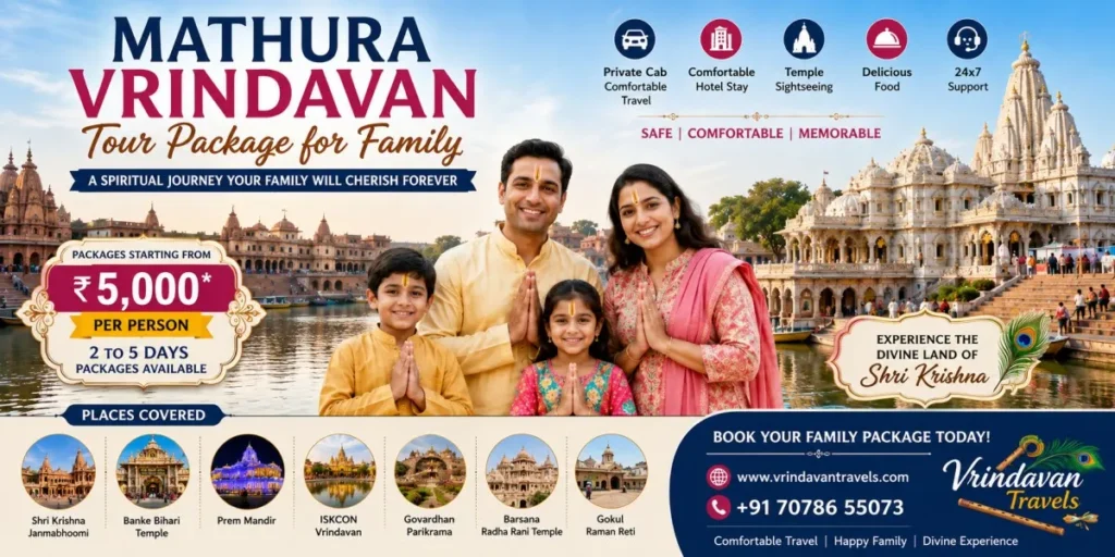 Mathura Vrindavan Tour Package for Family with Shri Krishna Janmabhoomi, Banke Bihari Temple, Prem Mandir, ISKCON Vrindavan, private AC car, and comfortable family pilgrimage by Vrindavan Travels
