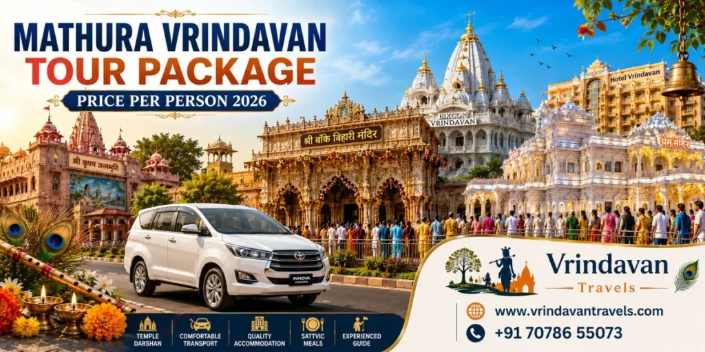 Mathura Vrindavan Tour Package Price Per Person 2026 banner featuring Shri Krishna Janmabhoomi, Banke Bihari Temple, Prem Mandir, ISKCON Vrindavan, Toyota Innova Crysta, and Vrindavan Travels branding.